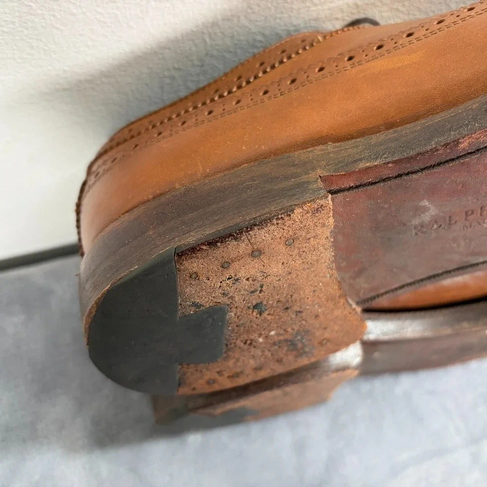 Ralph Lauren Sanderson Burnished Wingtip Oxford Dress Shoes Mens 10 D Brown Tan